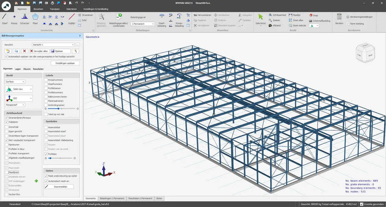 3D model of a large steel hall in XFEM4U