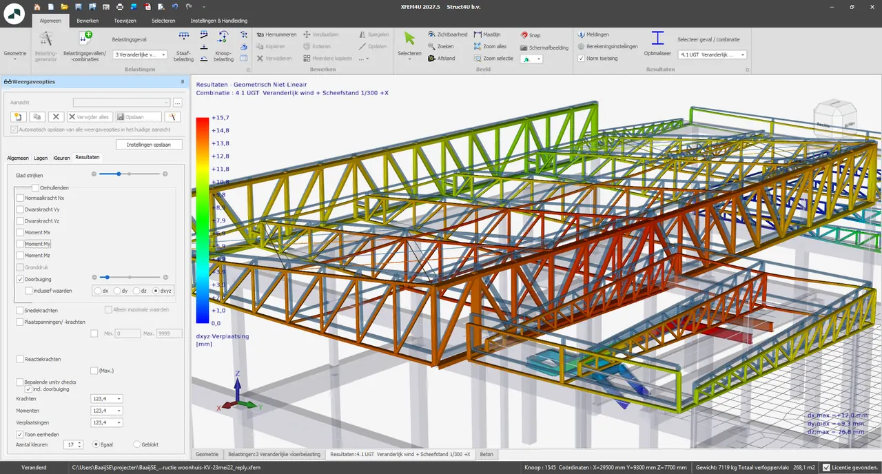 Steel trusses and columns of a building in XFEM4U, coloured by displacement